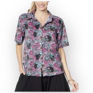 NWT Evryday Jane Black Panther Floral Print Faux Silk Button-Up Shirt XS